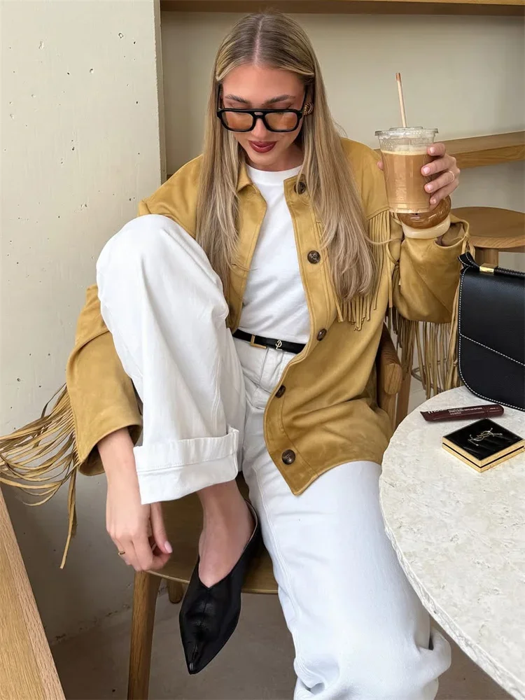 Tassel Patchwork New Jackets Women's Lapel High Waist Long Sleeve Autumn Pocket Commute Coat Female Jackets 2025