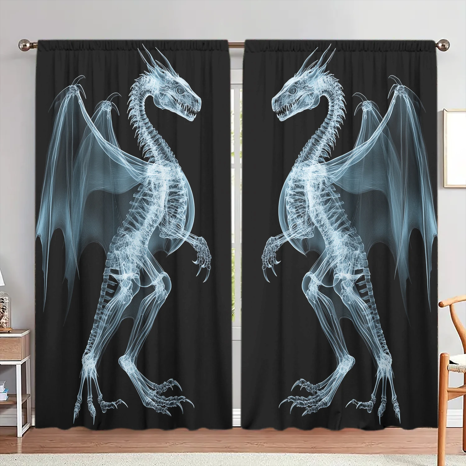 

2pc Perspective Keel Skeleton Printed Curtains - Set of 2 Panels for Children's Home Decor in Living Room, Bedroom