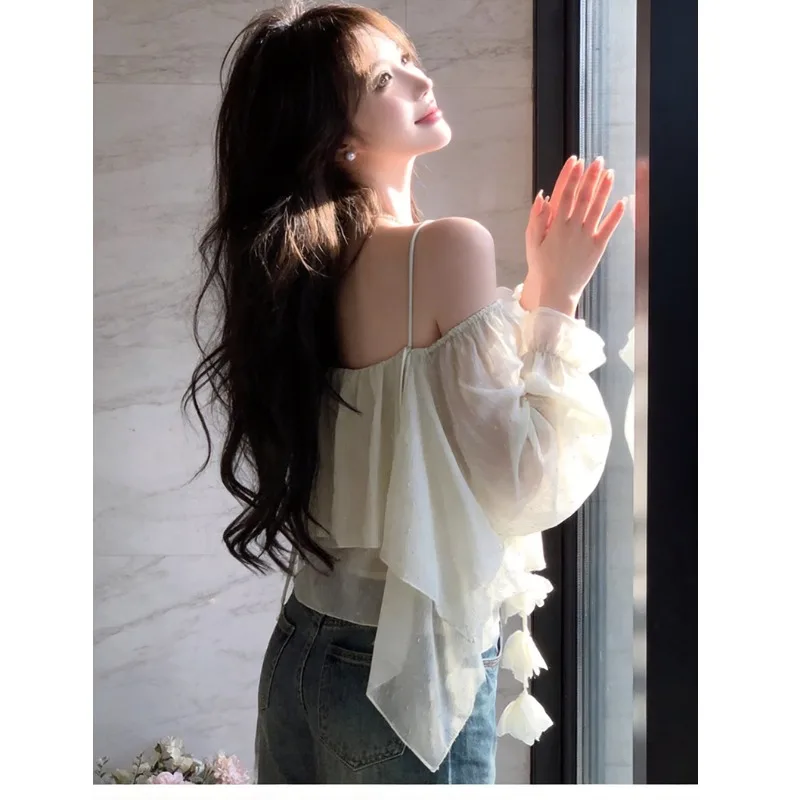 

Романтический шифоновый топ с цветочным принтом и открытыми плечами, нежный и стильный, для отпуска и путешествий, модный женский, с коротким рукавом, длинный...