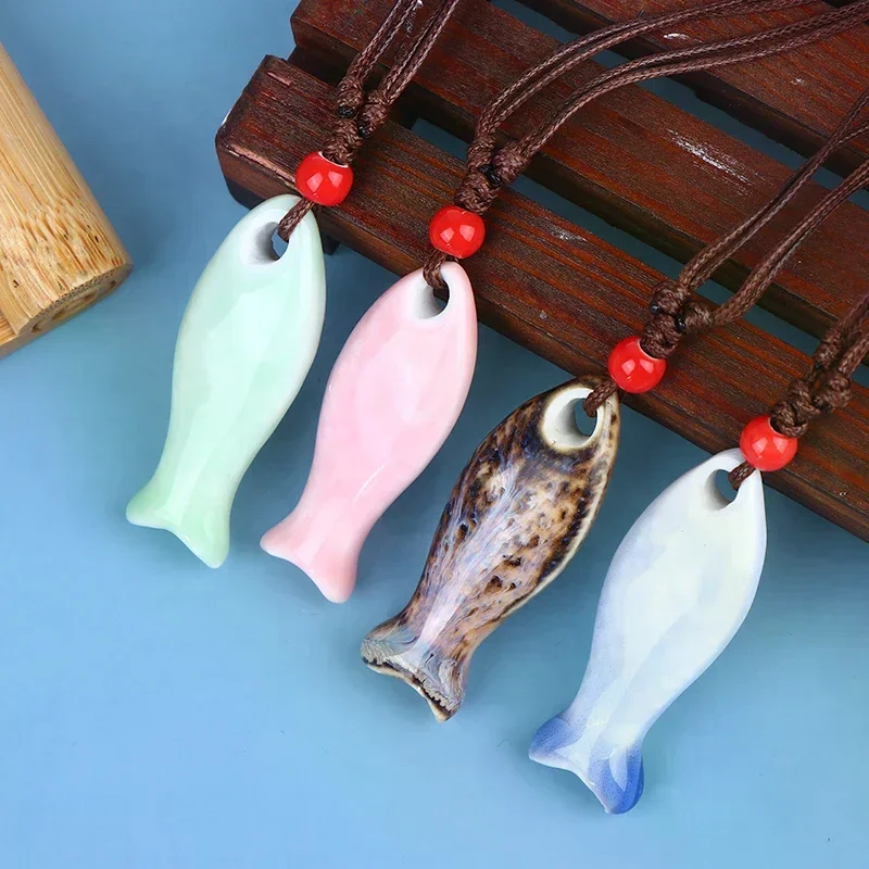 Chinese Style Ceramic Fish Whistle Necklaces Pendant Smooth Handmade Whistle Delicate Charm Necklace Unisex Sweater Chain