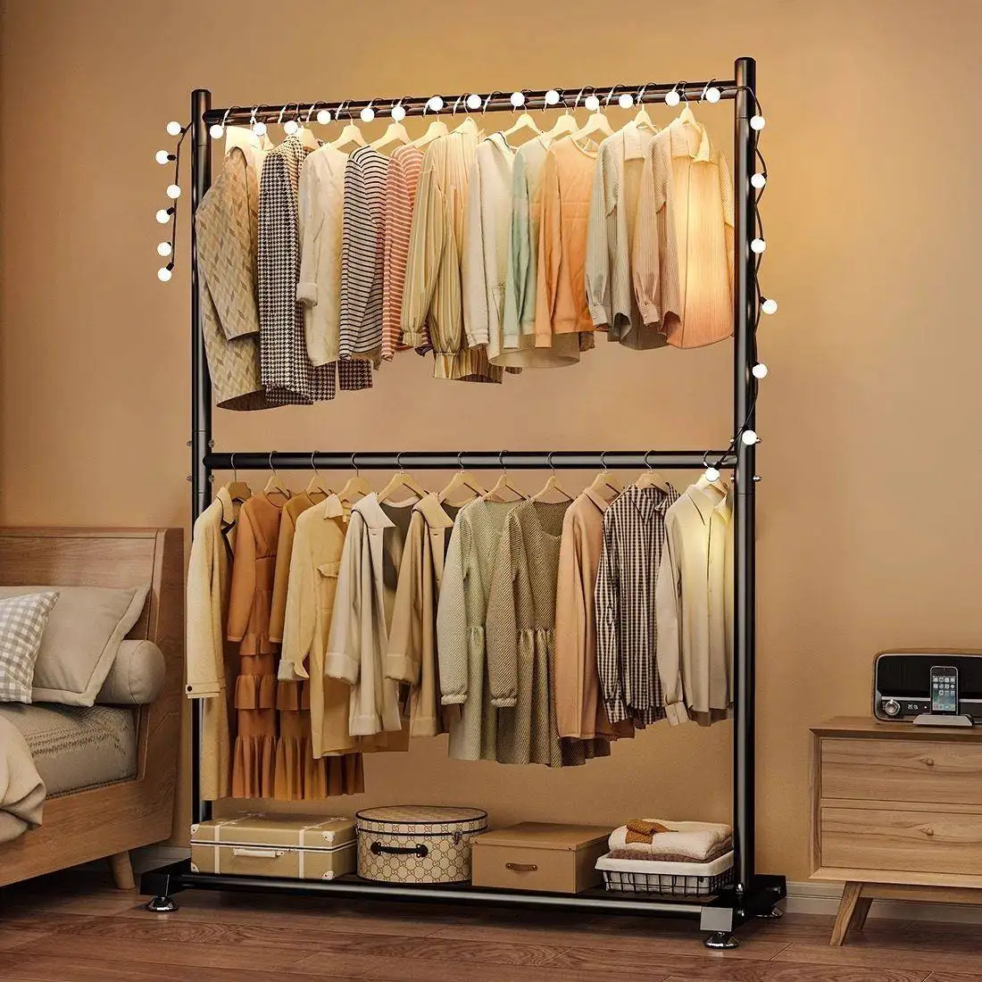 

Portable Double Layer Clothes Drng Ra Simple Iron Stand for Bedroom Living Room Balcony Manual Adjusent Multi-Function