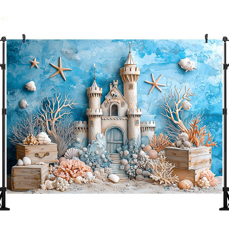 LS Mermaid Princess Girl Birthday Portrait Background Booth Undersea Castle Seashell Beach Backdrop Kids Cake Smash Photo Studio