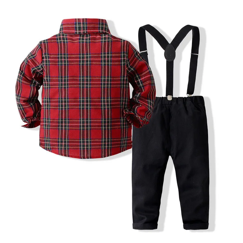 Spring Kids Clothes Boys Korean Fashion Gentleman Plaid Cotton Baby Tops+Pants+Tie+Straps Children Boutique Clothing Set BC2486