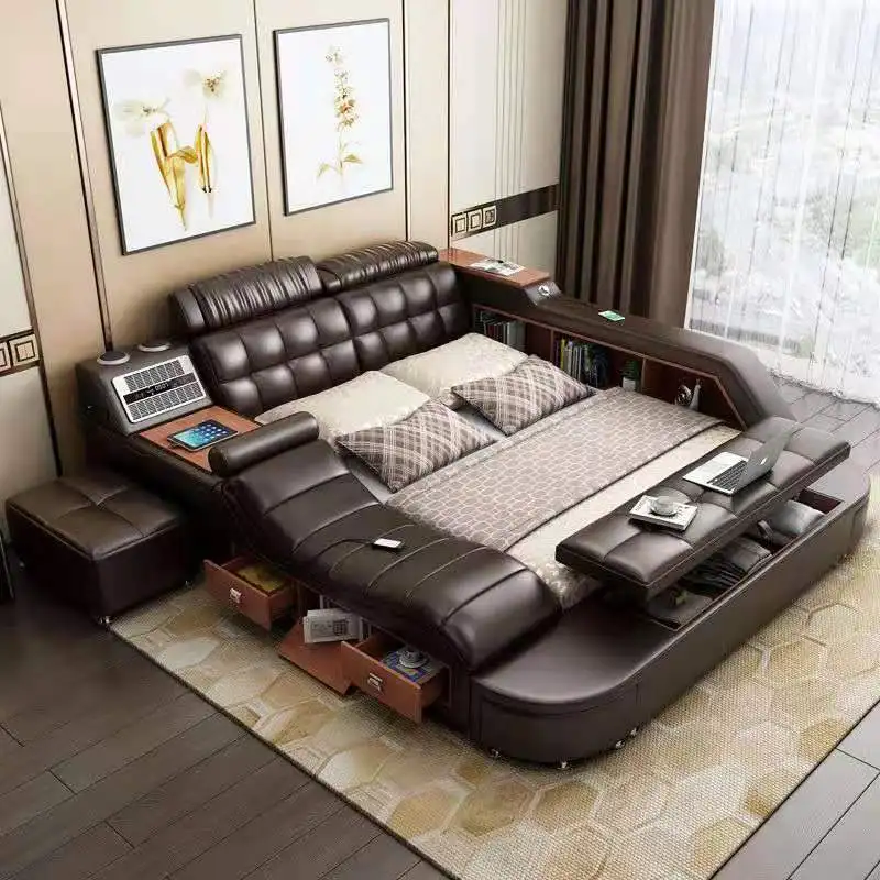 Tatami master bedroom modern simple Italian intelligent storage leather double bed