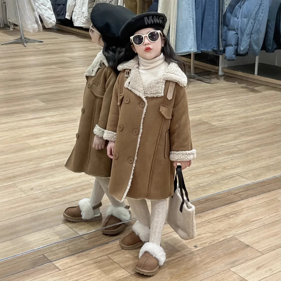 Girls Coat 2024 Winter New Childrens Wear Korean Style Baby Girls Medium Long Double Breasted Suede Fur One Lapel Coat Casual