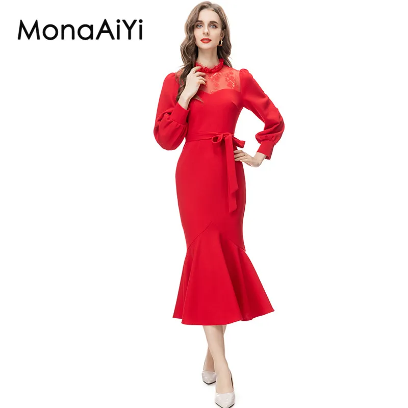 MonaAiYi New Fashion Runway Designer Women's Lace High Collar Long Sleeved Detachable Waistband Red Fish Tail Dresses