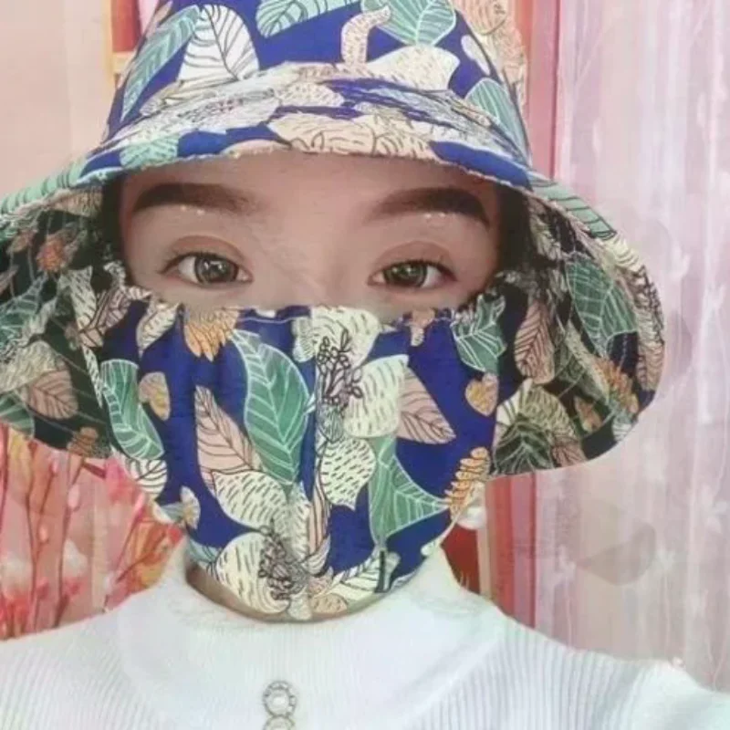Floral Fisherman Hat With Integrated Face Mask Women Summer Outdoor Sun Protection Cap