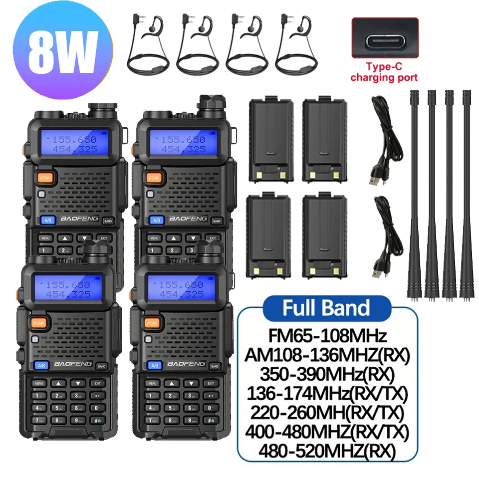 4Pcs Baofeng UV-5R 8W/5W Tri-Power Walkie Talkie High Power Dual Band Long Range Portable Handheld UV 5R Radio