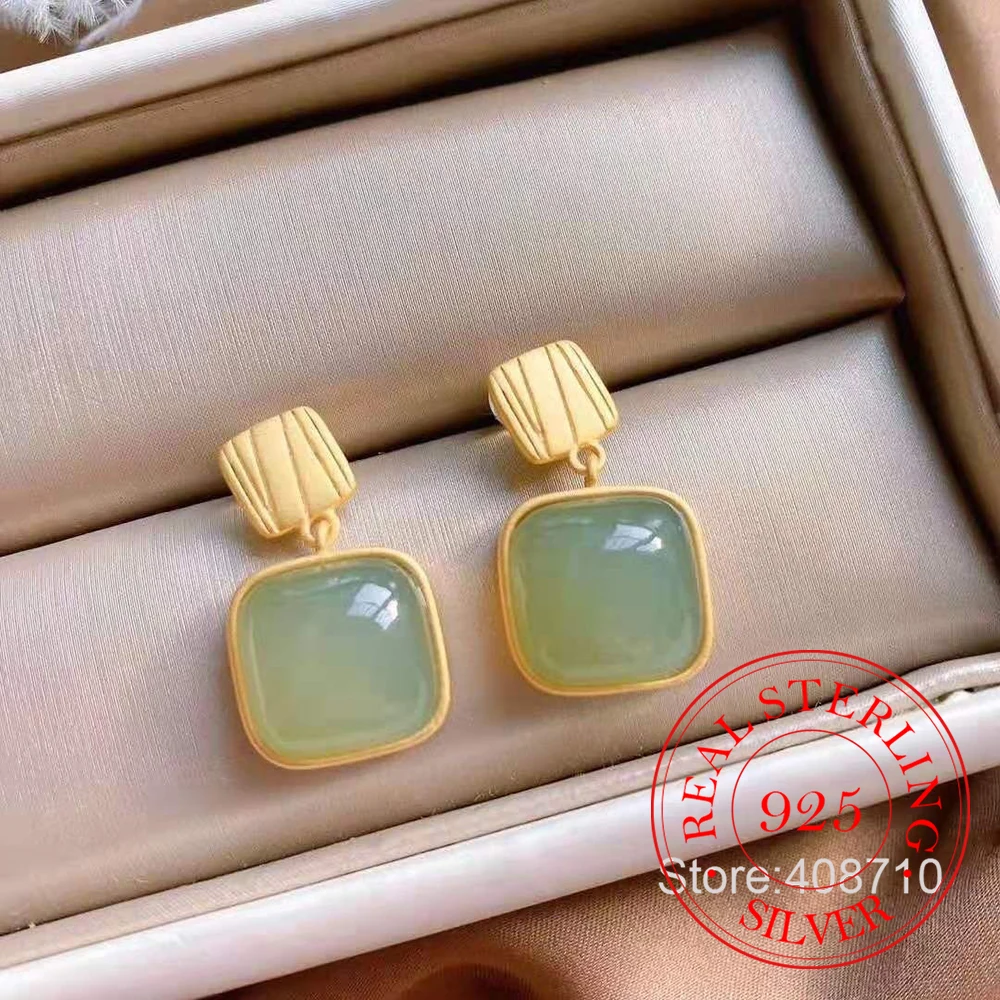

925 Sterling Silver Jewelry 18K Gold Plated Geometric Jade Stud Earrings for Women Wedding Party Jewelry for Girls Friend Gift