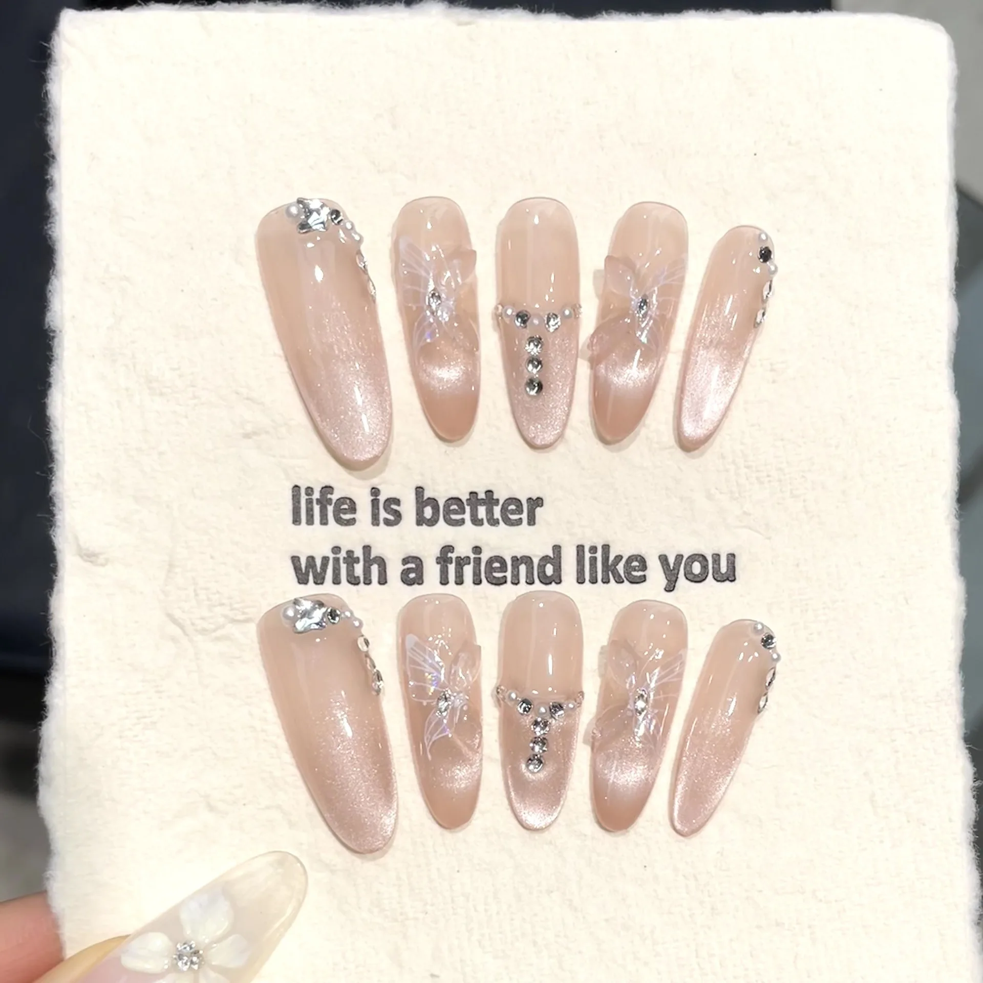 

10pcs Nude Handmade Press on Nails Tip Spring Cat's Eye French Rhinestone Oval Fake Nail Simple Butterfly False Nail Reusable