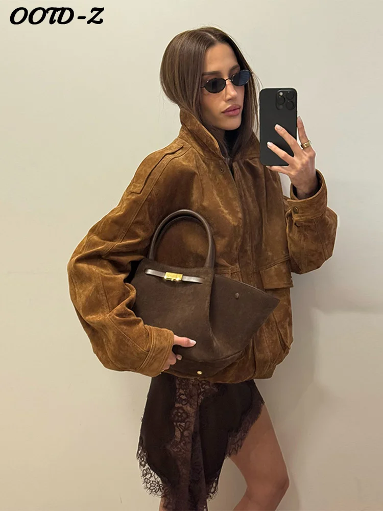 

Коричневая замшевая куртка в стиле ретро, женская повседневная куртка с воротником-стойкой, свободное пальто с длинными рукавами и карманами, женская осенняя уличная женская верхняя одежда 2023 г.