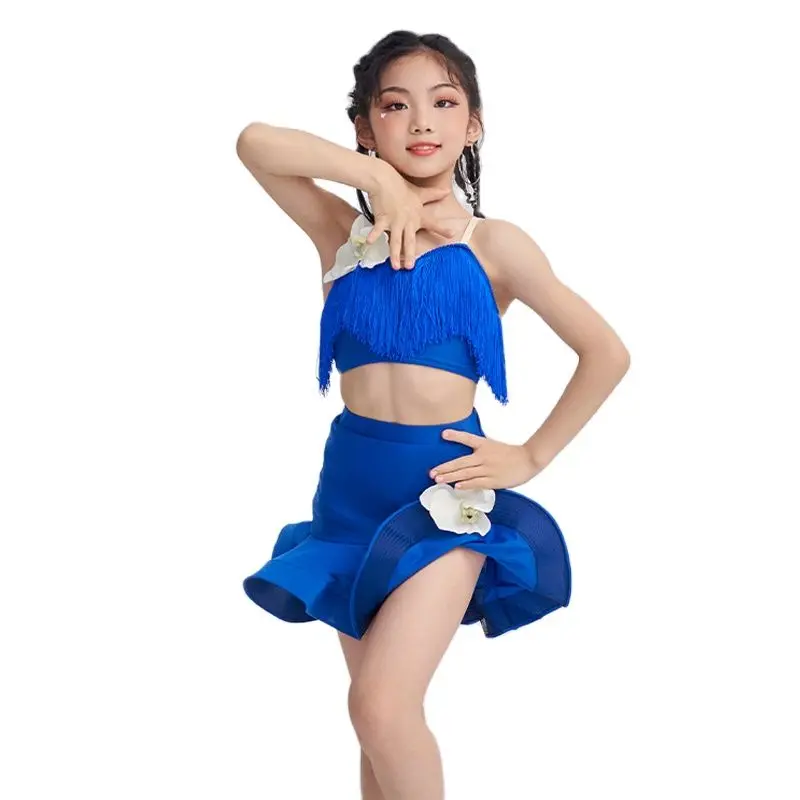 Girls Professional Latin Dancing Dresses Blue Latin Fringed Top Skirt Children'S Stage Competition Latin Dance Clothing SL8517