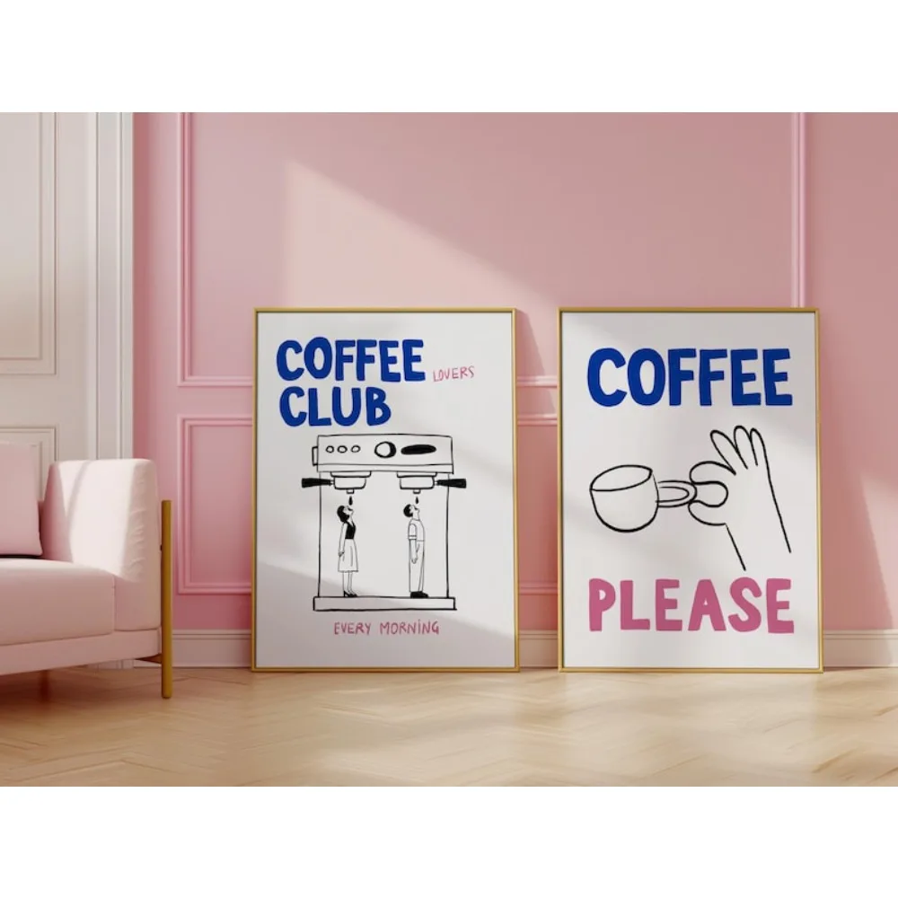 قطعتان من فن الحائط لنادي القهوة بدون إطار، ملصق إسبرسو، فن محطة القهوة، طباعة بار القهوة الجمالية، ديكور غرفة المعيشة وغرفة النوم