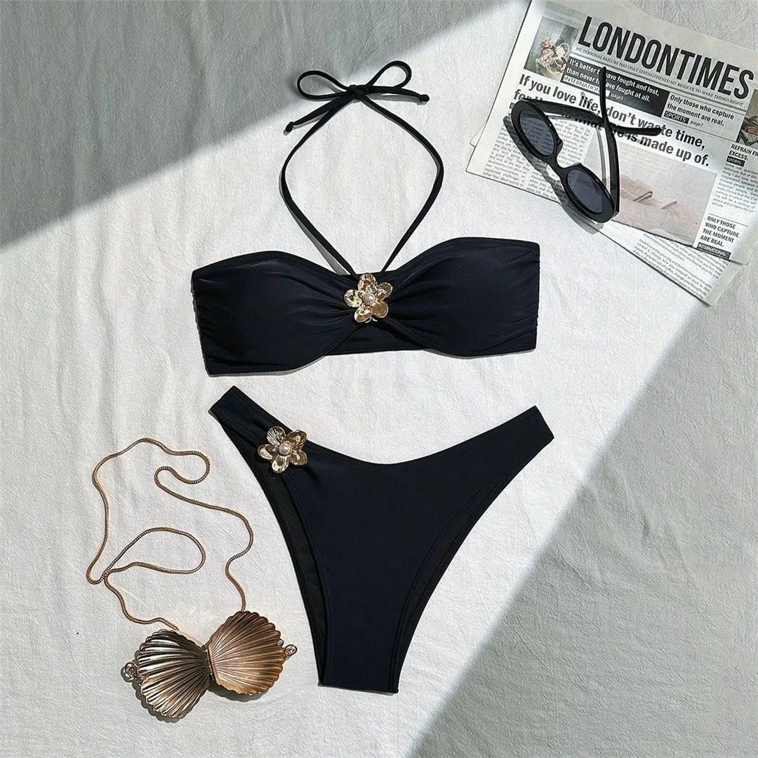 XS - L Metallblumen-Neckholder-Bikini, brasilianischer Bikini, Damen-Badebekleidung, zweiteiliges Bikini-Set, Damen-Badeanzug, Badebekleidung, Badeanzug, Schwimmkleidung V6657 – Detail 6