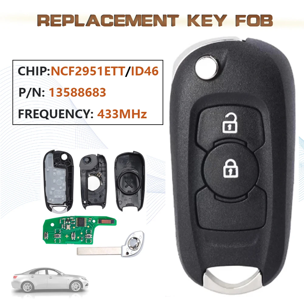 KEYECU 433MHz P/N:13588683 2 Button Flip Remote Key Fob for 2015 2016 2017 2018 2019 Opel Vauxhall Astra NCF2951ETT/ID46 Chip