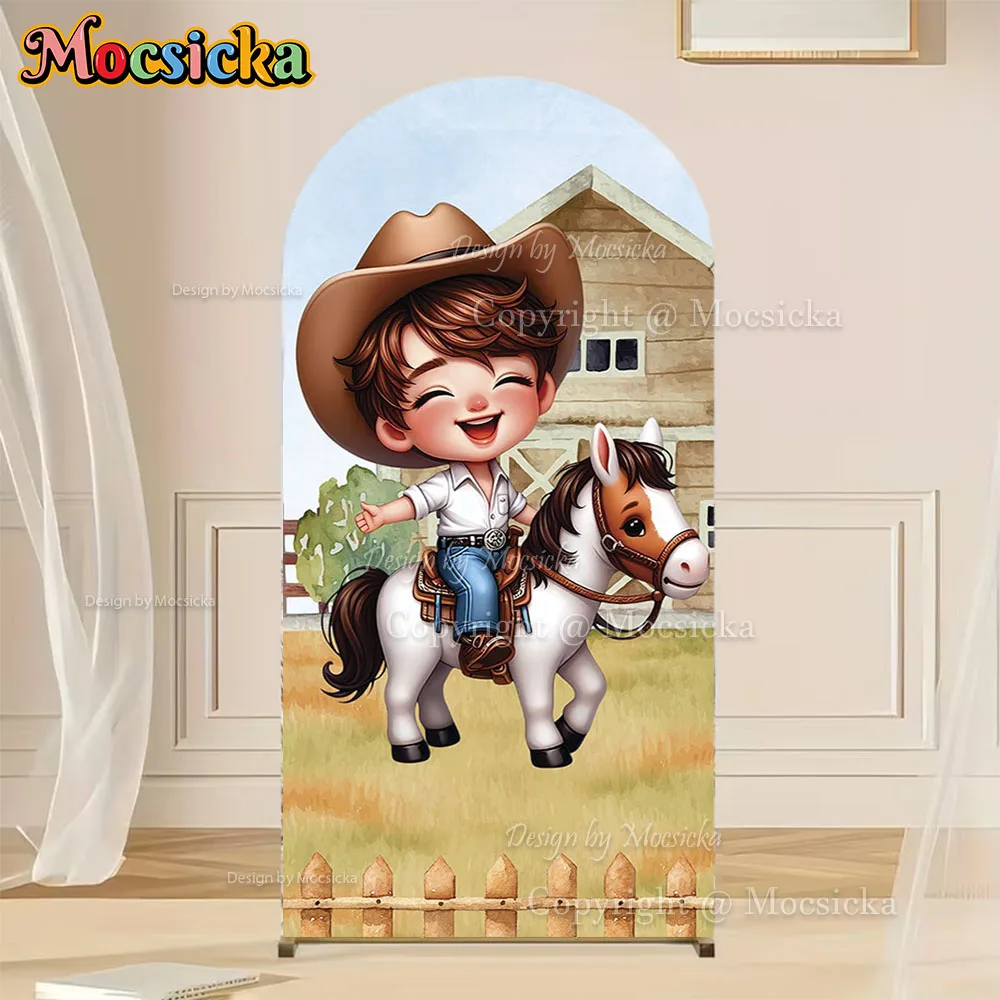 Mocsicka Cartoon Western Cowboy Arch Backdrop Cover with Horse Farm Scene Kids Birthday Party Photo Background for Baby Shower
