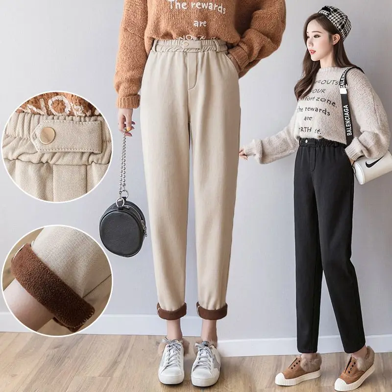 Kobiety Jesień Zima Koreańska Moda Jednolity Kolor Wysoka Talia Cienki Polar Harem Ladies Office Lady All-match Casual Pants