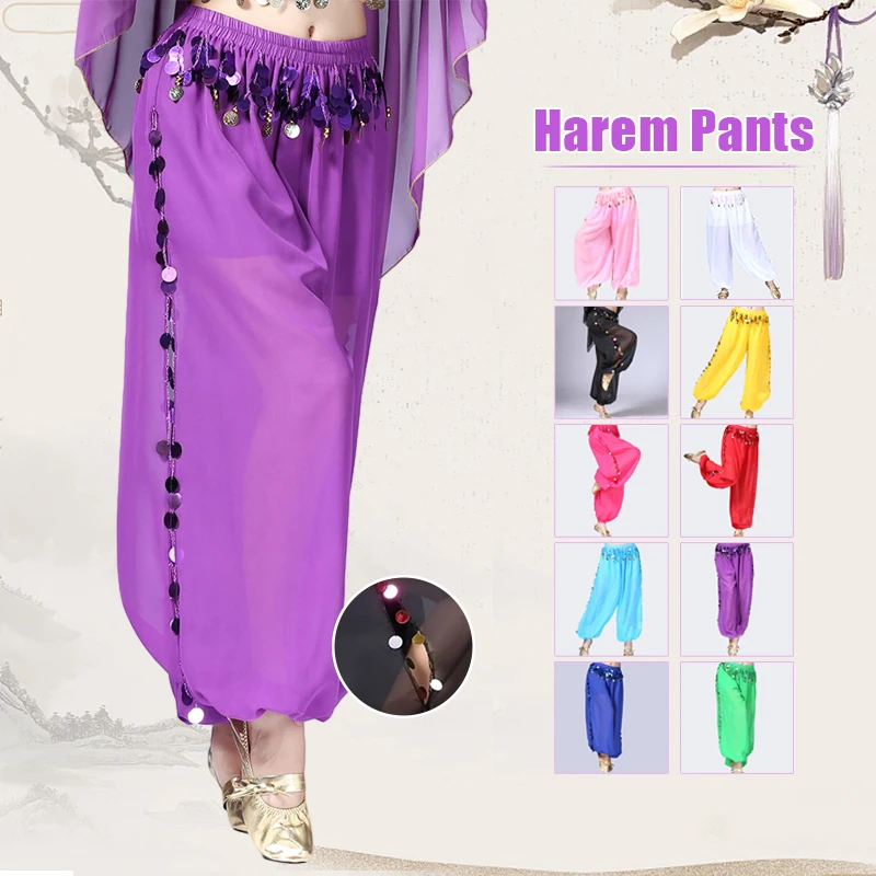 

Womens Chiffon Belly Dance Coins Lantern Pants Tribal Baggy Arabic Oriental Halloween Harem Pants Practice Performance Pants