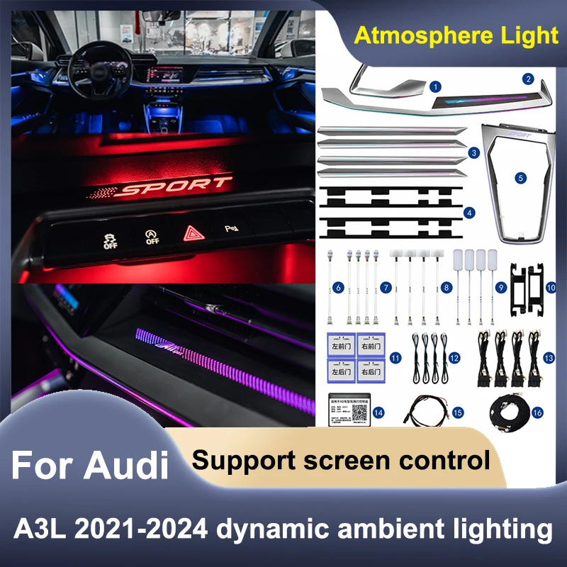 

For Audi A3 A3L S3 RS3 8V 8Y 2021-2024 64 Colours Ambient Light Interior LED Air Vent Nozzle Dashboard Car Door Decorative Lamp