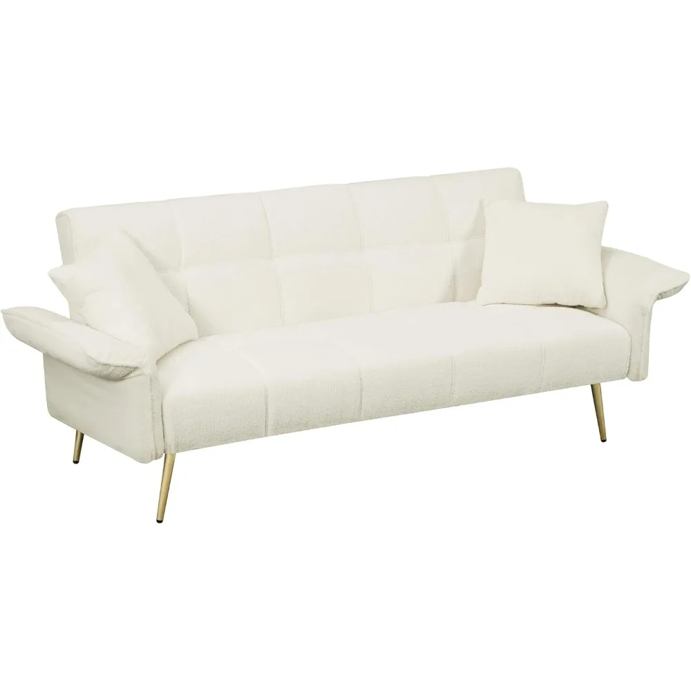 Teddy Fabric Futon Couch with 2 Soft Pillows, Loveseat Sofa Bed with Adjustable Armrests Backrest for Small Spaces, Modern Recl