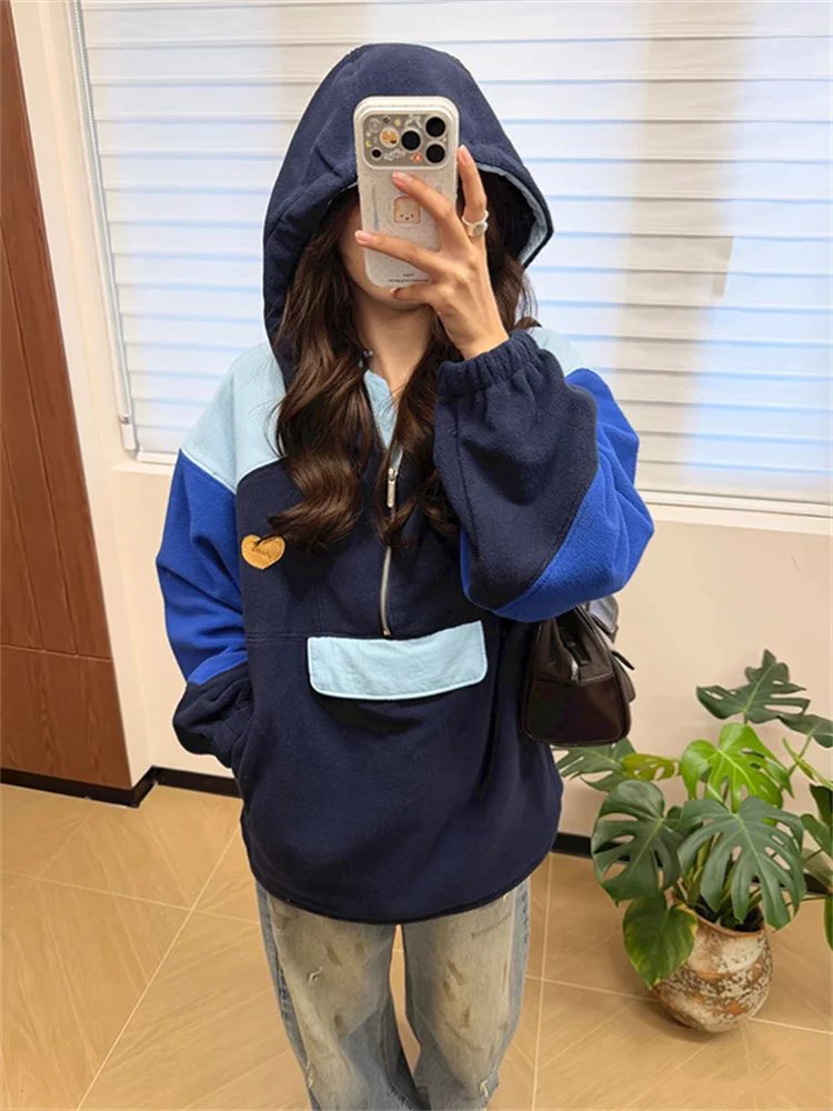 Autumn New Outdoor Sports Women Half Zipper Loose Long Sleeve Warm Color Blocked Hooded Coat