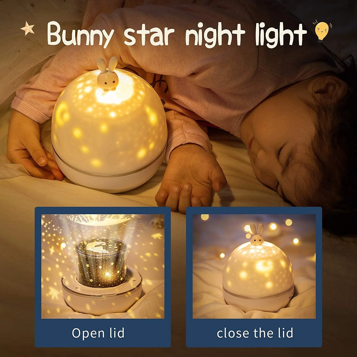 Projecteur de veilleuse LED Bunny Star, lampe de nuit, projection de lapin, romantique, lointain, 360 degrés, enfants, chambre de bébé