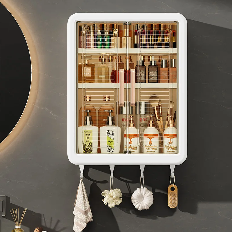 Magnetic Wall-Mount Bathroom Cabinet, No-Punch Dustproof Storage Rack with Door