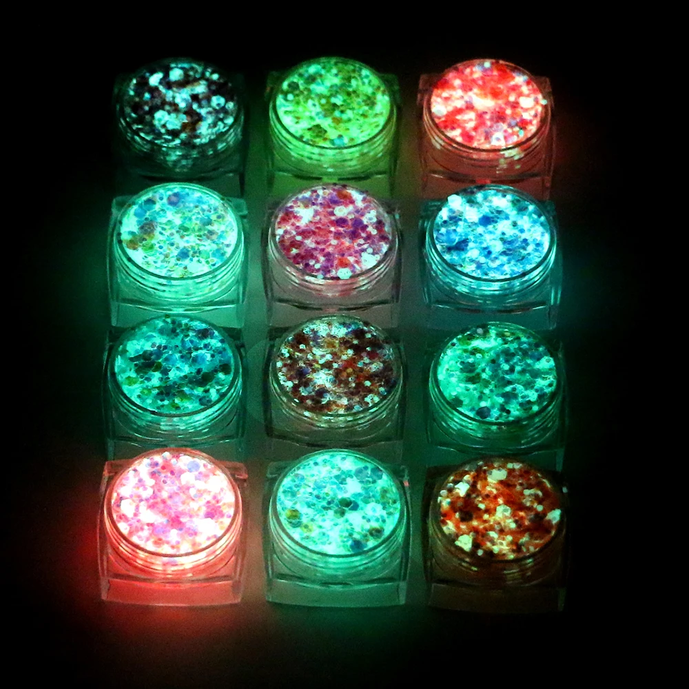Bowitzki 12 colores que brillan en la oscuridad Gel con purpurina para la cara Gel con purpurina para el cuerpo Gel con purpurina para el cabello UV Glitter o festivales Raves ﻿
