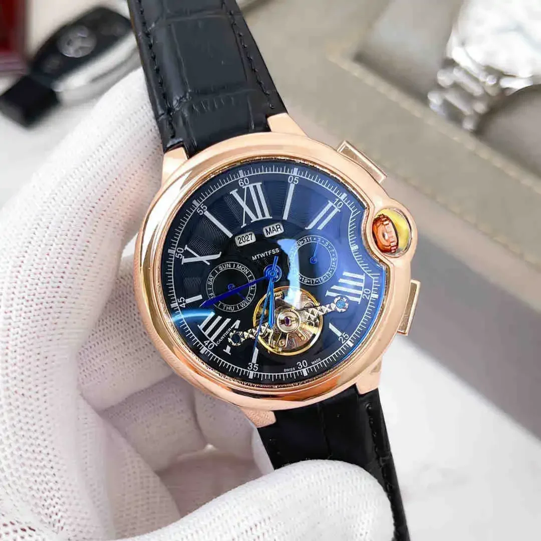 Nuovo orologio da uomo di lusso con fasi lunari, meccanico automatico, tourbillon, data del giorno, cinturino in pelle, impermeabile 100 m, stile militare ​