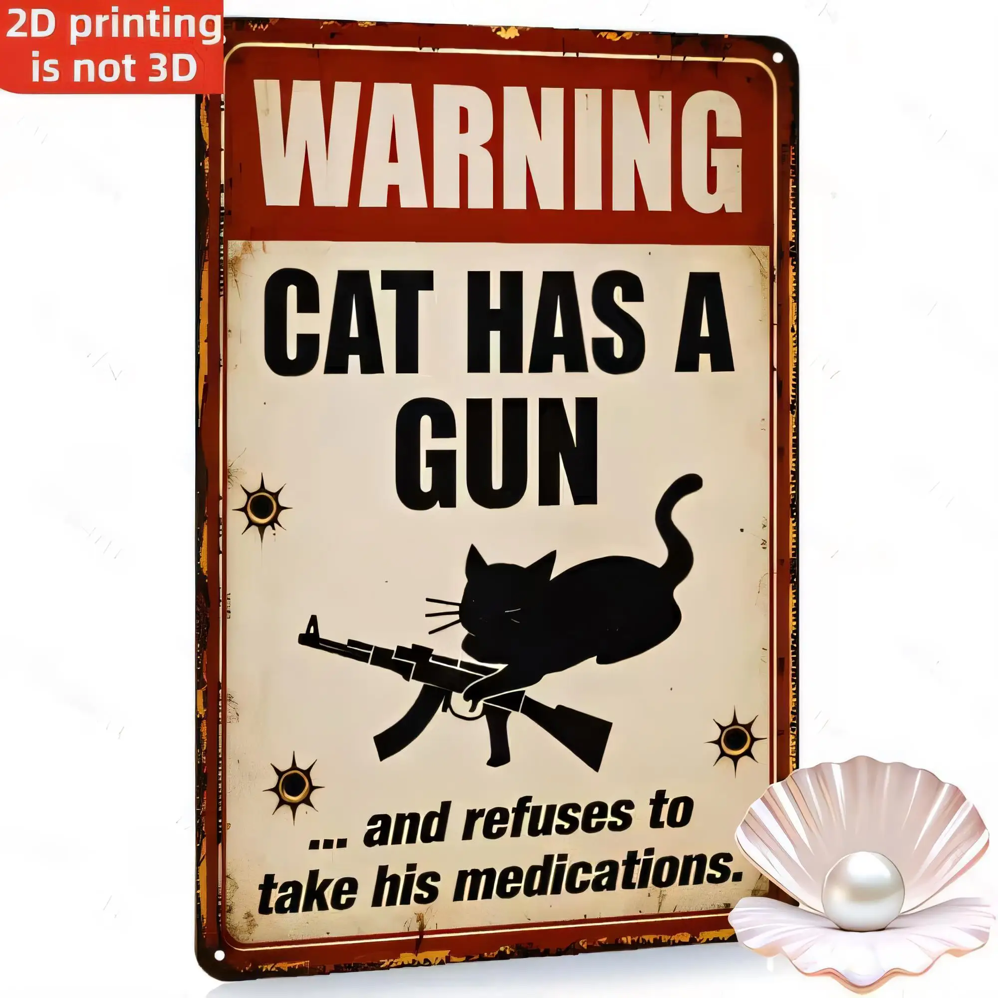 Tin Sign Warning Cat Has A Gun Funny Quote Metal Plaque Retro Vintage Wall Art Decor for Bathroom Kitchen Garage Man Cave   Weat