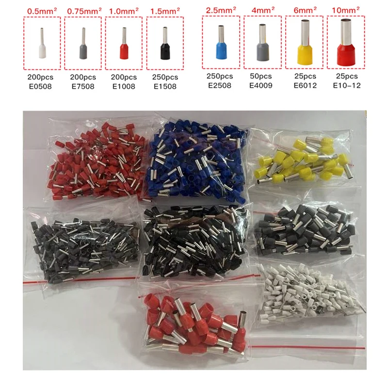 

1200pcs Terminal Bagged Kit Used for 0.5-10mm2 Wire Cable Copper Tube Needle Type Insulated Ferrules Cold Pressing Connector Set
