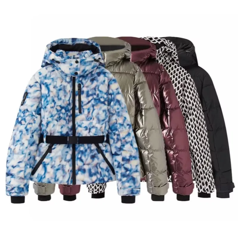Damski zestaw narciarski 2025: kurtka puchowa z kapturem, wiązana w talii, z efektem tie-dye, uniwersalna, ocieplana odzież wierzchnia idealna do jazdy narciarstwa i na co dzień.