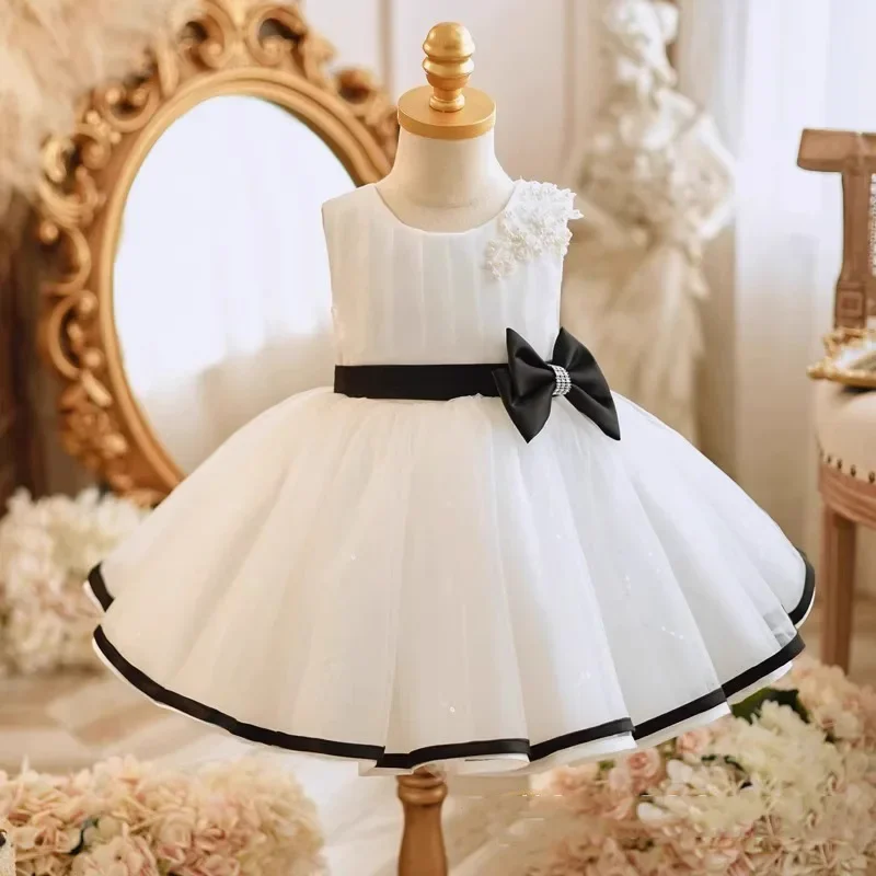 White Children's Princess Wedding Dress Girls One-Year Birthday Sleeveless Tutu High-end Ball Gown For School Show 1-12Y