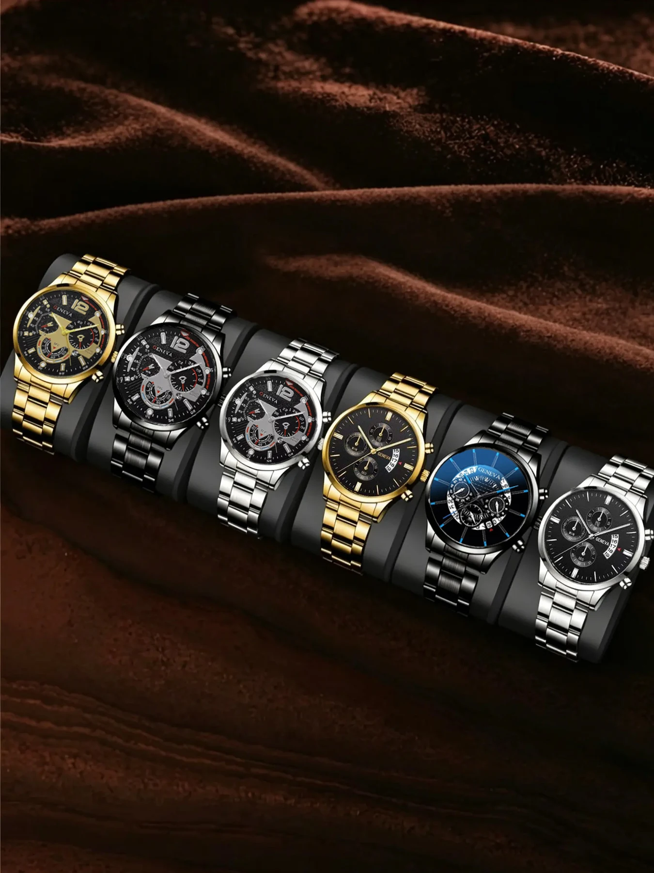 6Pcs Geneva Men Quartz Watch Set,6 Styles Weekly Rotation Wear Fake Chronograph Steel Band Male Wristwatch