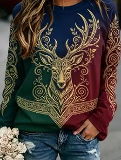 Women Crew Neck Long Sleeve Sweatshirt Vintage Golden Deer Ornate Floral Swirl Print Casual Loose Pullover Ladies Tops