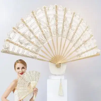 

Cotton Lace Fan 27cm Wooden Bamboo Folding Fan for Women Dancing Stage Performance Hand Fan Vintage Accessory