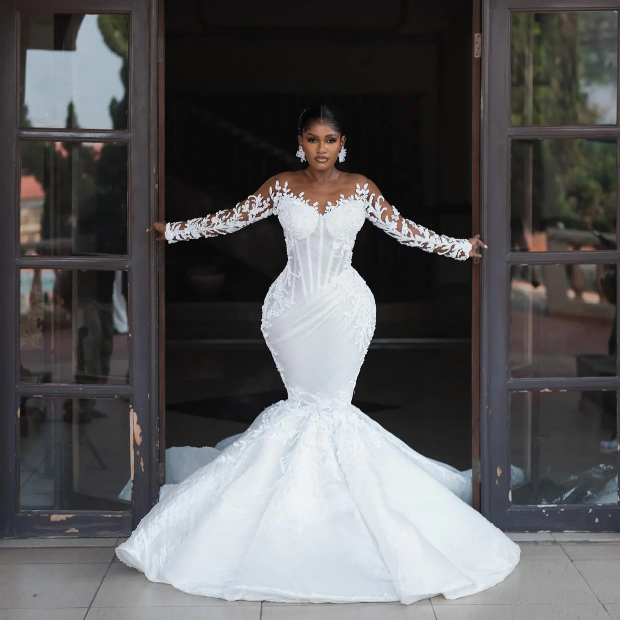 

2026 Customized White Mermaid Wedding DressOff Shoulder Long Sleeve 3D Flower Lace DecalTight corset Bride Dress