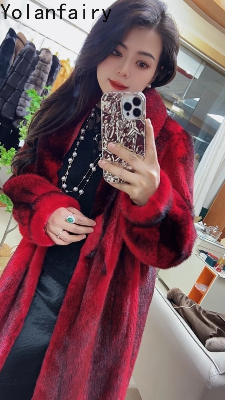 YOLANFAIRY الفاخرة الشتاء الراقية الصليب فرو منك سترات للنساء أنيقة الطبيعية معطف فرو المنك الكامل امرأة 120 سنتيمتر معاطف طويلة