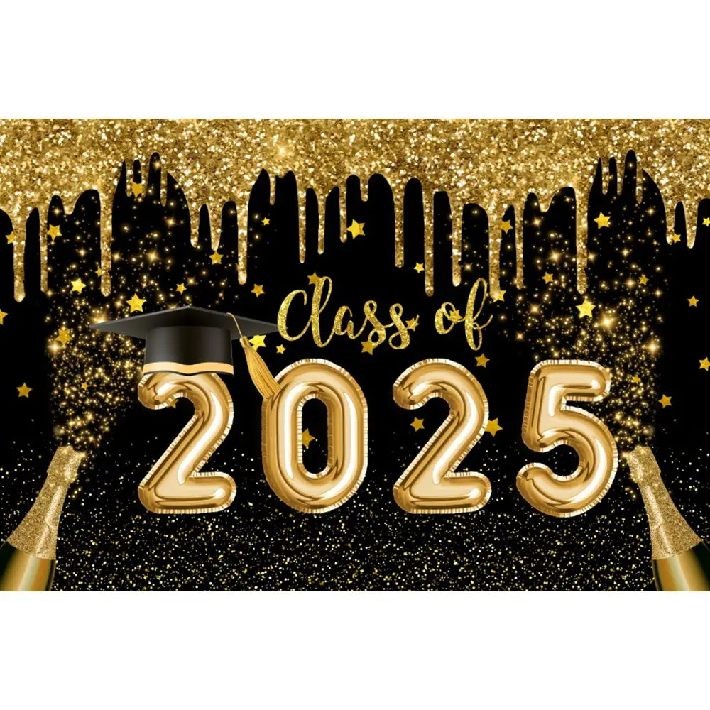 2025 Happy Graduation Backdrop Glitter Balloon Bachelor Cap Grad Class of Graduates Party Photography Background Decor