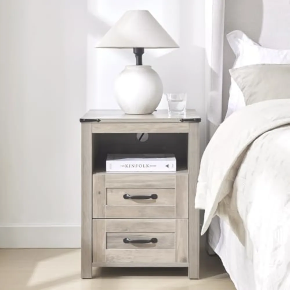 

24'' Wide End Table, Rustic nightstand with 2 Drawers, Farmhouse Side Table with Charging Station, Wood Bedside Cabinet(1, Grey)
