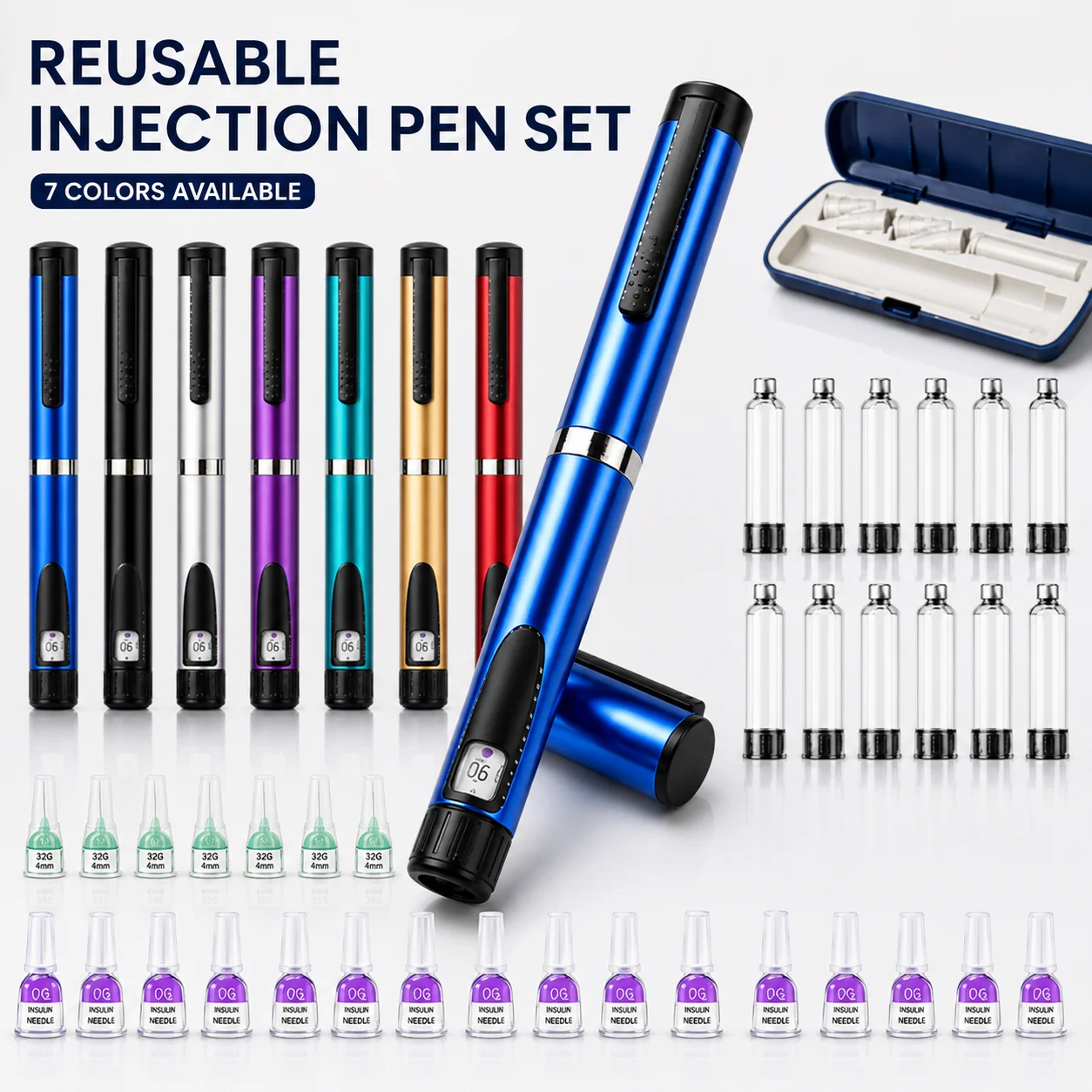 Reusable Insulin Pen Adjustable Dose Metal Injector Pen Refillable Injection Device with Cartridge Holder Portable Supply Box