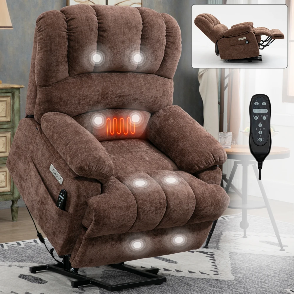 Seat Width and High Back Large Size Chenille Power Lift Recliner Chair with 8-Point Vibration Massage and Lumbar Heating, Brown