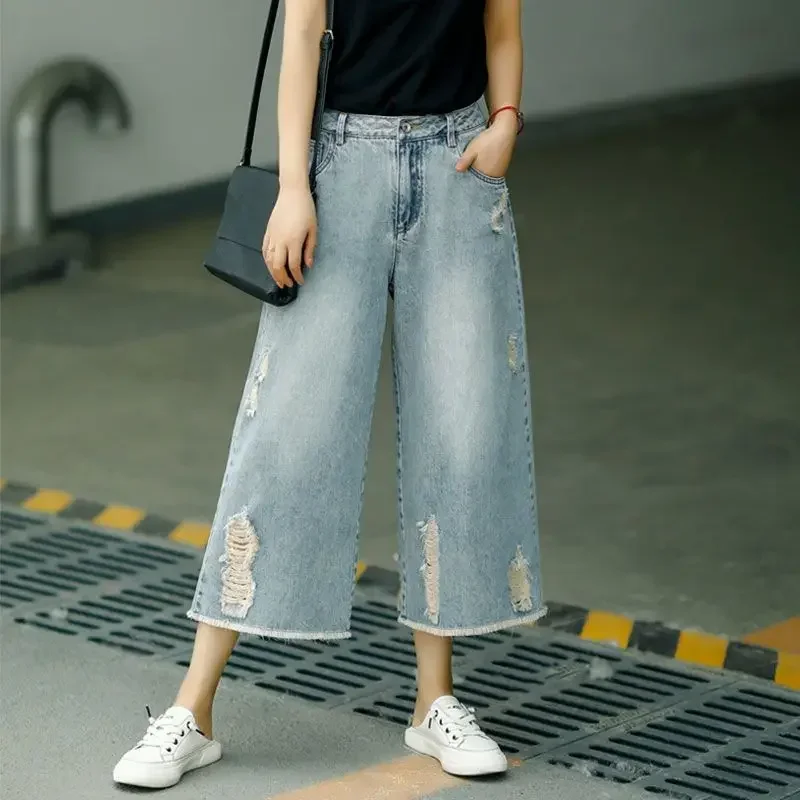 Pantalon déchiré en denim et capris pour femmes, vêtements d'été, jean baggy, streetwear Y2k, pantalon à jambes larges, vêtements pour femmes, grunge, nouveau