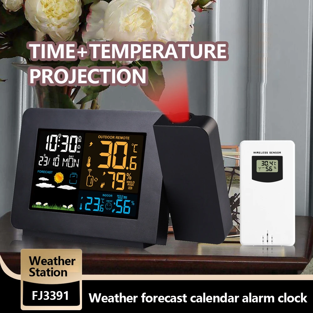 Digital Weather Station Wireless Indoor Outdoor Thermometer with Sensor Weather Forecast Temperature Humidity Projection Clock