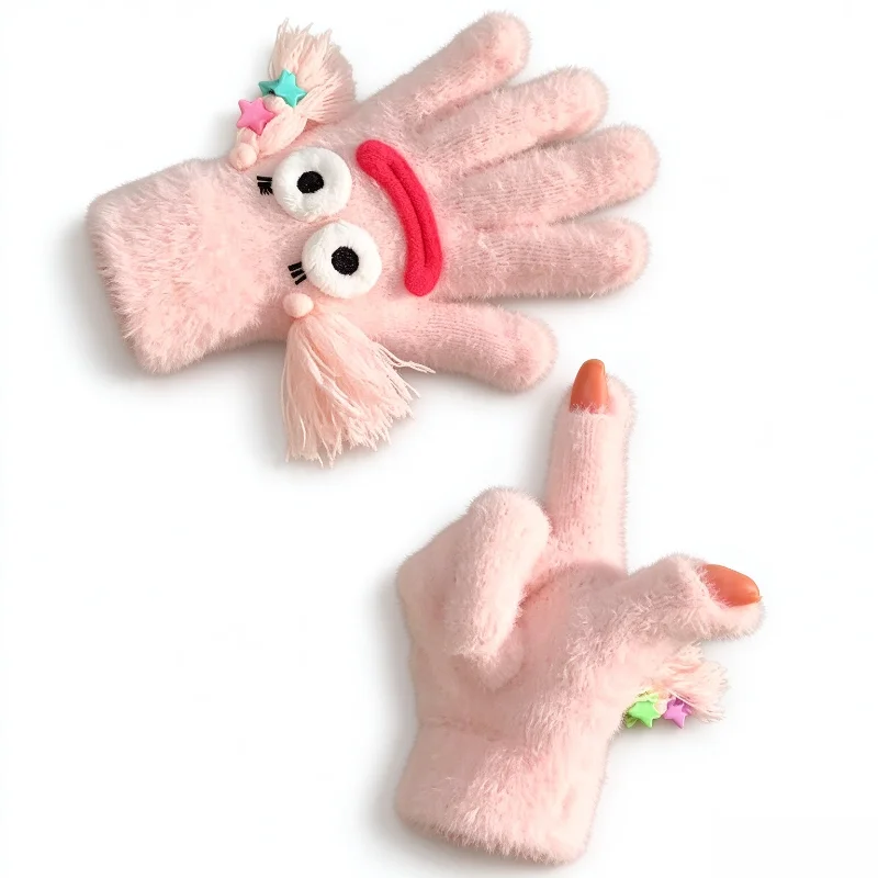 Gloves Women Winter Warm Gloves Cute Cartoon Plush Touchscreen Fingerless Design Thick Faux Mink Fur For Outdoor Cycling Daily