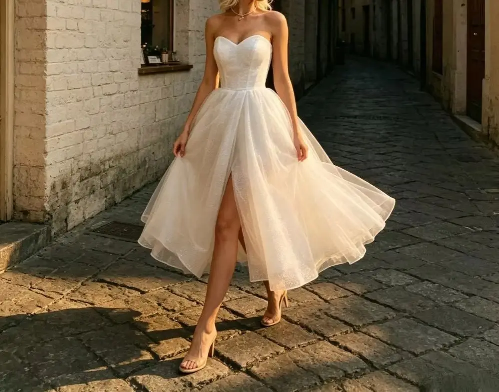 Customized 2026 Shiny Solid Color Open Seam Strapless Wedding Dress New Retro Glitter A-line Bridal Gown Suitable for Receptions