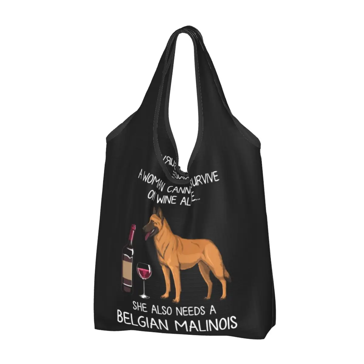 Funny Belgian Malinois And Wine Funny Dog Shopping Tote Bags Portable Shepherd Animal Puppy Grocery Shoulder Shopper Bag