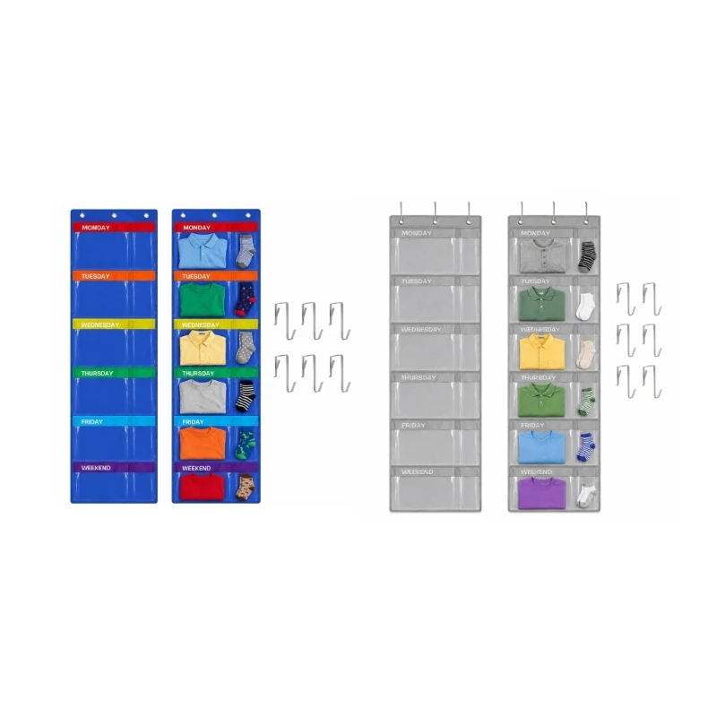 652F Over-Door Clothing Storage with Clear-Front Day Pockets, Hanging Weekly Sorter for Children's Closet Morning Routines