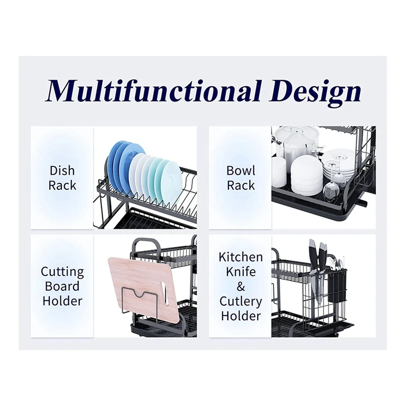 Dish Drying Rack -Multifunctional Dish Rack, Rustproof Kitchen Dish Drying Rack with Drainboard & Utensil Holder-AT48