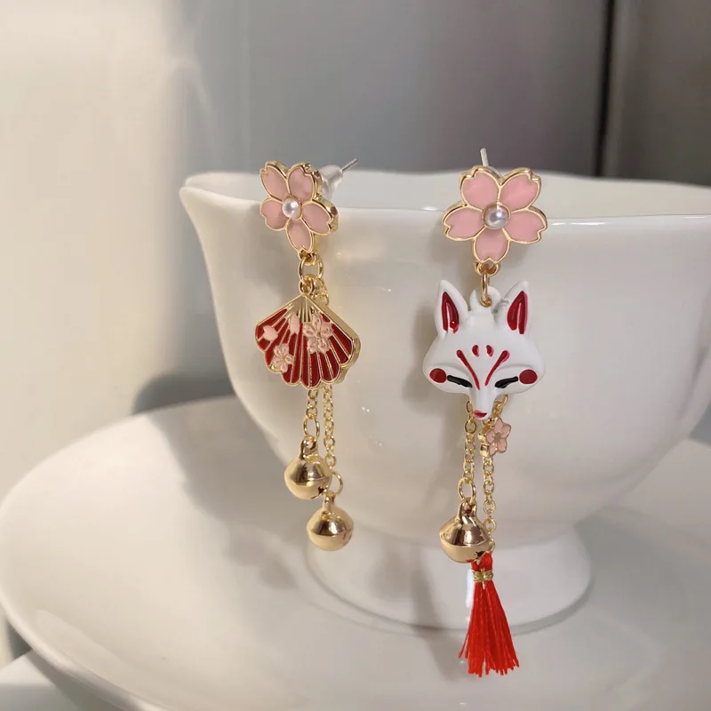 Chinese Style Fox Mask Folding Fan Asymmetrical Long Tassel Earrings For Women Girls Cherry Blossom Earring Christmas Jewelry